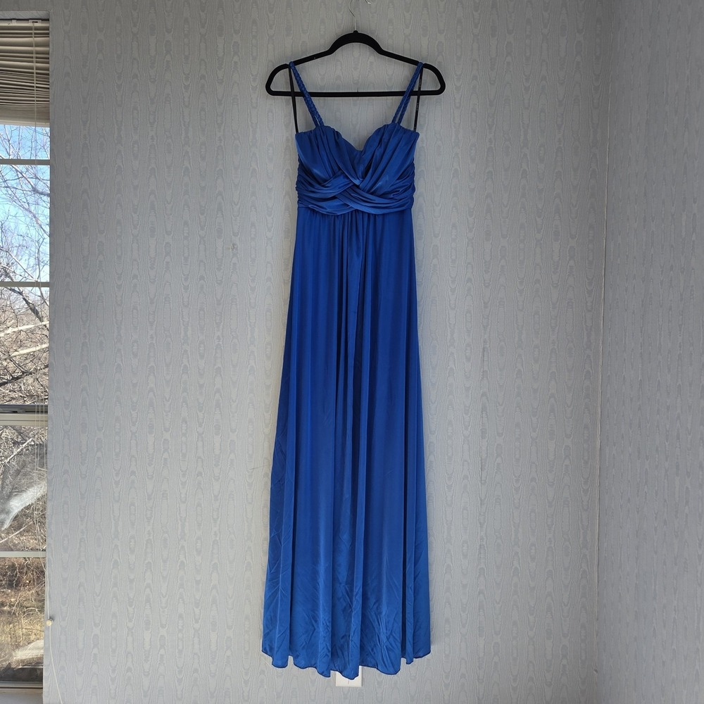 Vtg Y2K B. Darlin Womens 9/10‎ Gown Stretch Satin Ruched Evening Dress Blue Maxi